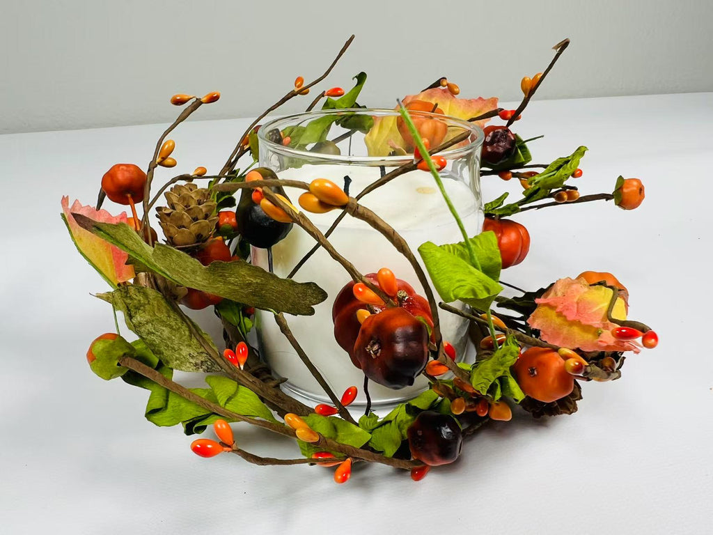 Mini Fall Pumpkin Berry Candle Ring – 4.5” Autumn Wreath with Gourds, Acorns & Leaves
