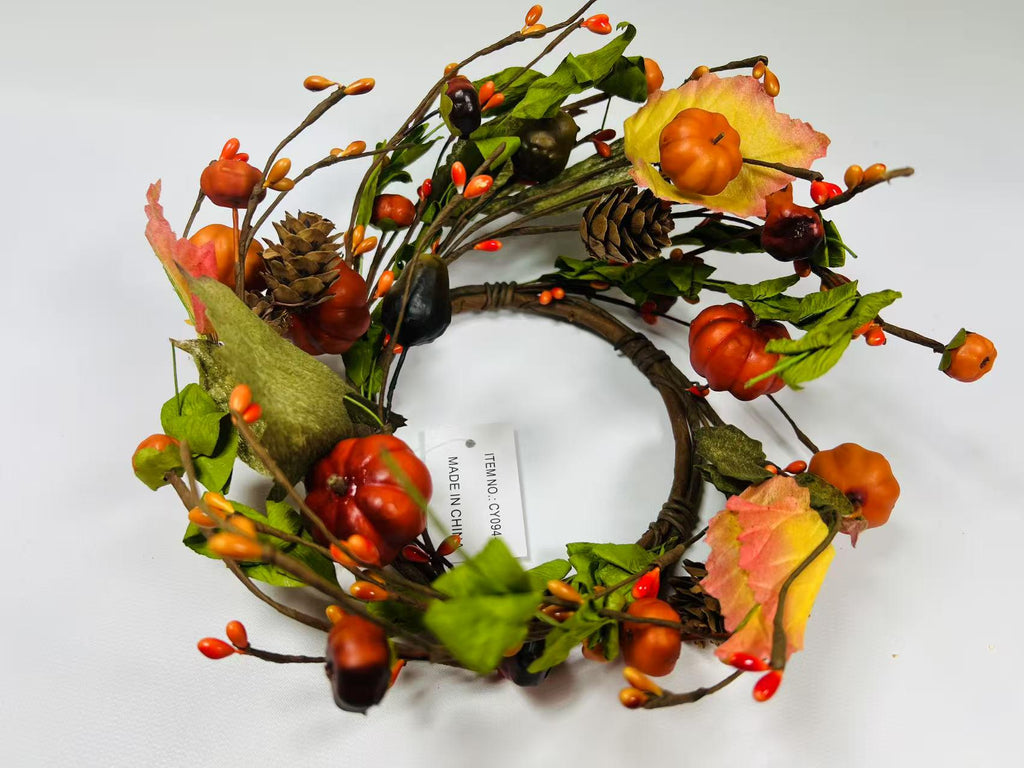 Mini Fall Pumpkin Berry Candle Ring – 4.5” Autumn Wreath with Gourds, Acorns & Leaves