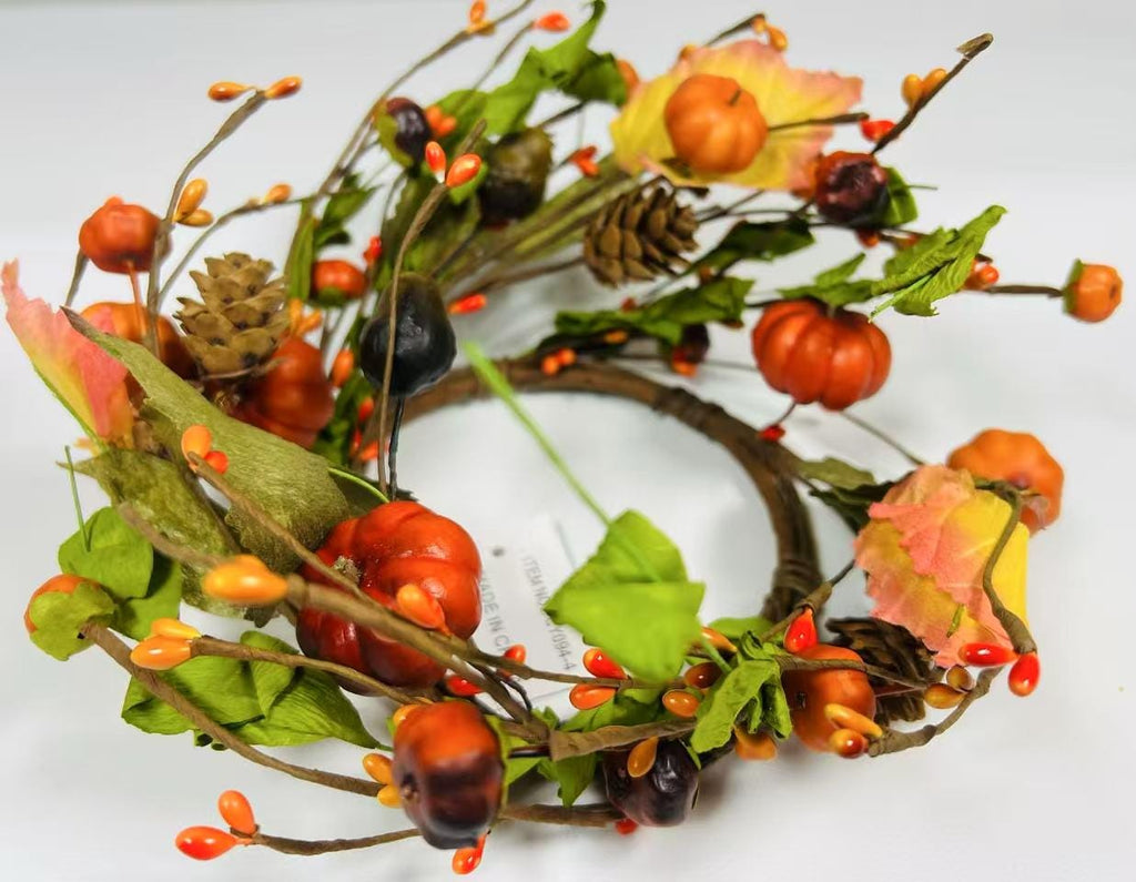 Mini Fall Pumpkin Berry Candle Ring – 4.5” Autumn Wreath with Gourds, Acorns & Leaves
