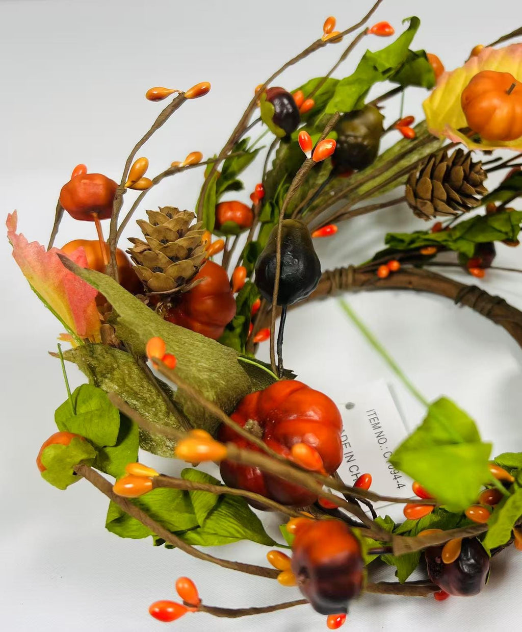 Mini Fall Pumpkin Berry Candle Ring – 4.5” Autumn Wreath with Gourds, Acorns & Leaves