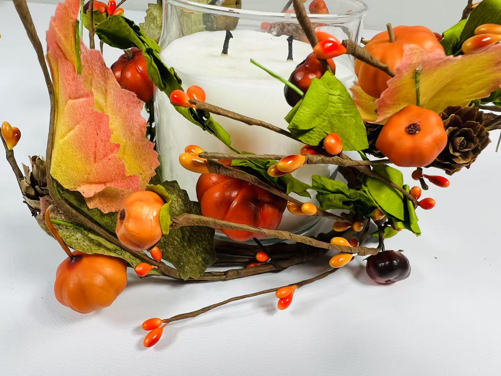 Mini Fall Pumpkin Berry Candle Ring – 4.5” Autumn Wreath with Gourds, Acorns & Leaves
