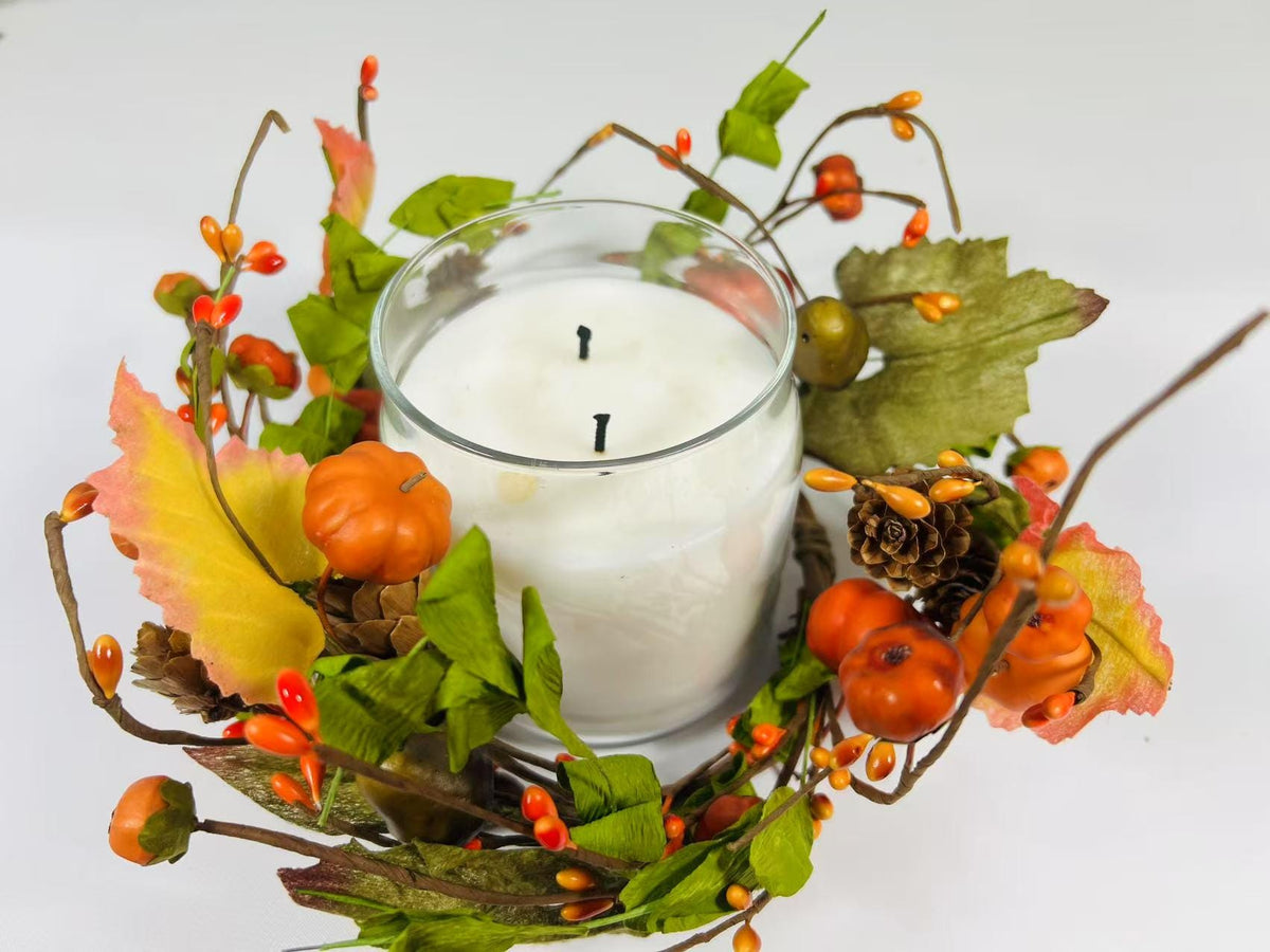 Mini Fall Pumpkin Berry Candle Ring – 4.5” Autumn Wreath with Gourds, Acorns & Leaves