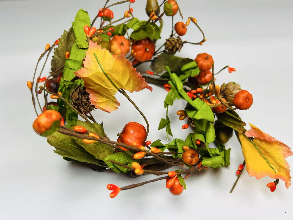 6.5” Fall Pumpkin Berry Candle Ring – Autumn Mini Wreath with Acorns, Pinecones & Leaves