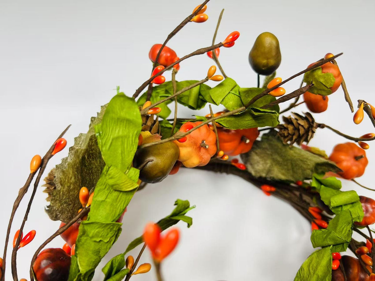 6.5” Fall Pumpkin Berry Candle Ring – Autumn Mini Wreath with Acorns, Pinecones & Leaves