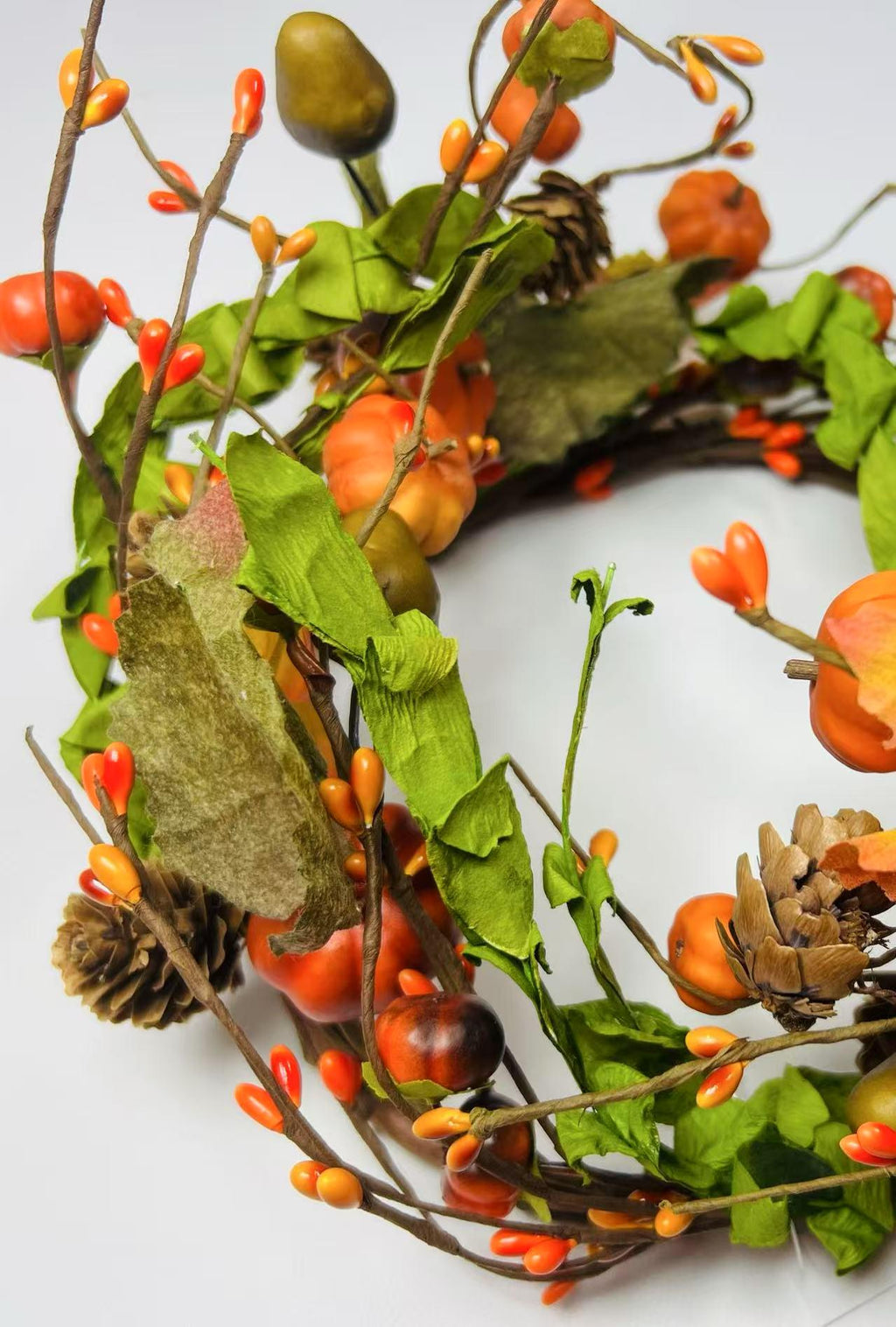 6.5” Fall Pumpkin Berry Candle Ring – Autumn Mini Wreath with Acorns, Pinecones & Leaves