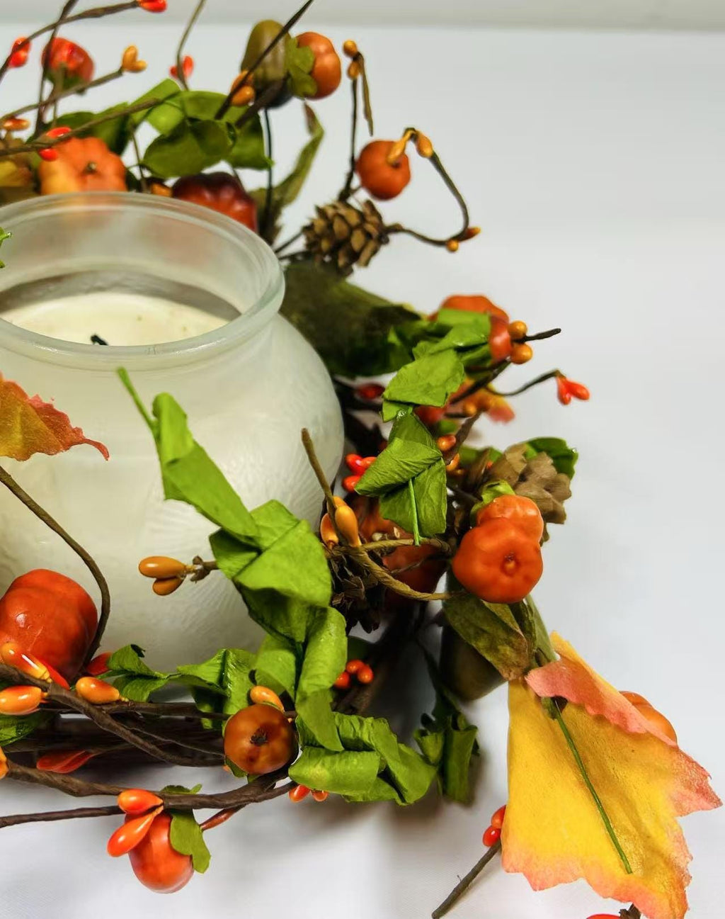 6.5” Fall Pumpkin Berry Candle Ring – Autumn Mini Wreath with Acorns, Pinecones & Leaves