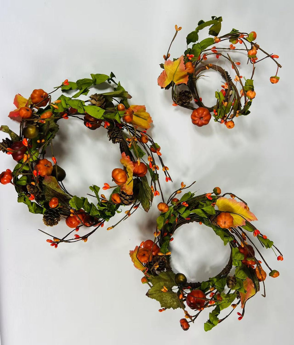 6.5” Fall Pumpkin Berry Candle Ring – Autumn Mini Wreath with Acorns, Pinecones & Leaves