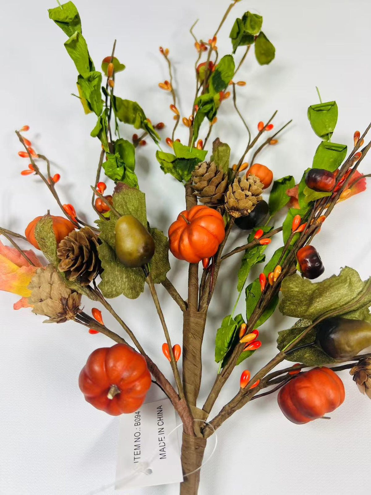 18” Fall Pumpkin Pick with Acorns Pinecones Berries – Autumn Harvest Floral Stem Decor