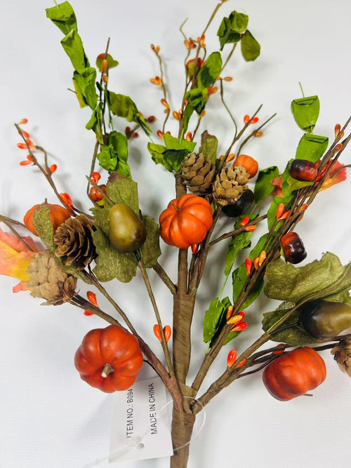 18” Fall Pumpkin Pick with Acorns Pinecones Berries – Autumn Harvest Floral Stem Decor