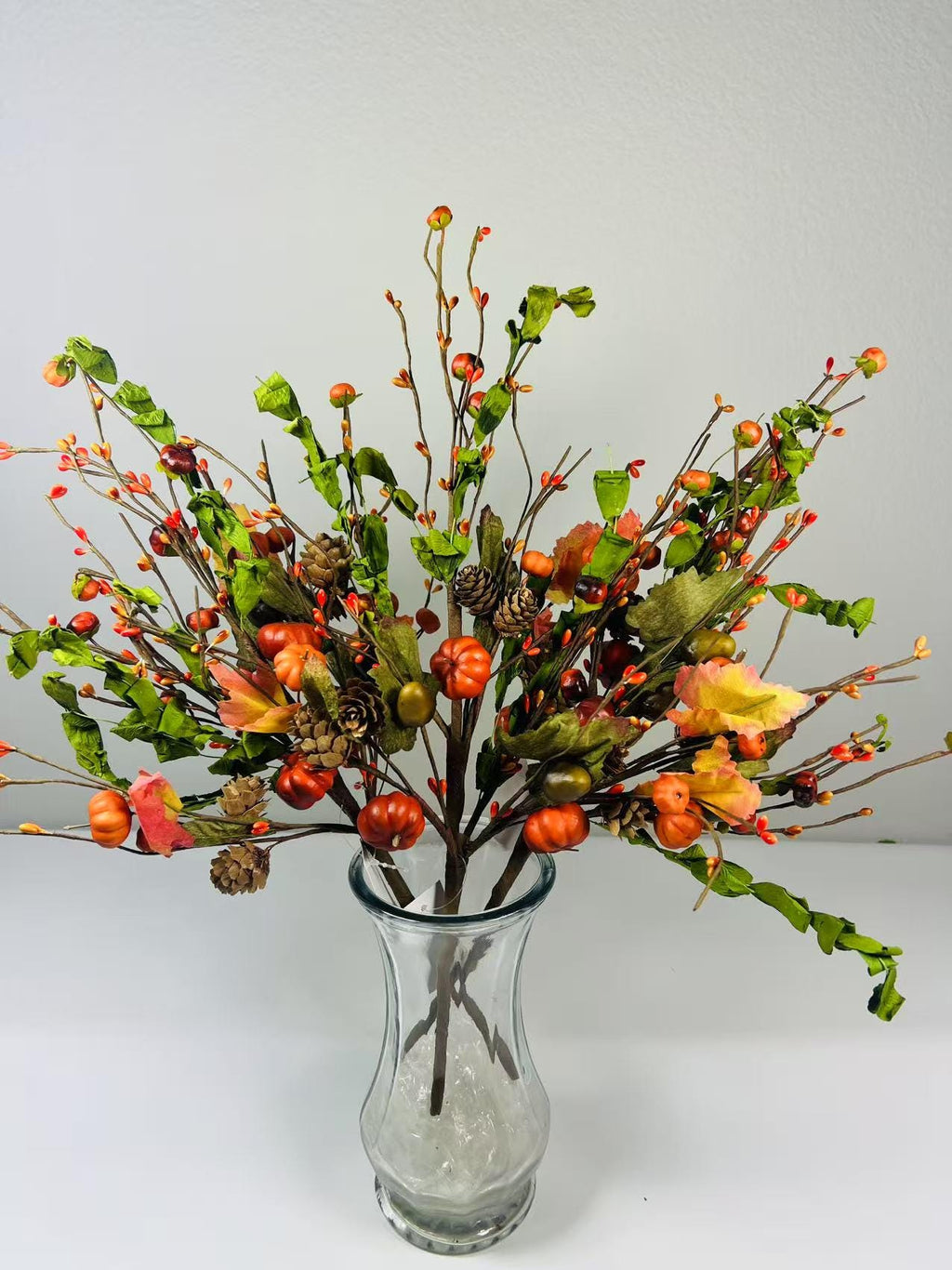 18” Fall Pumpkin Pick with Acorns Pinecones Berries – Autumn Harvest Floral Stem Decor