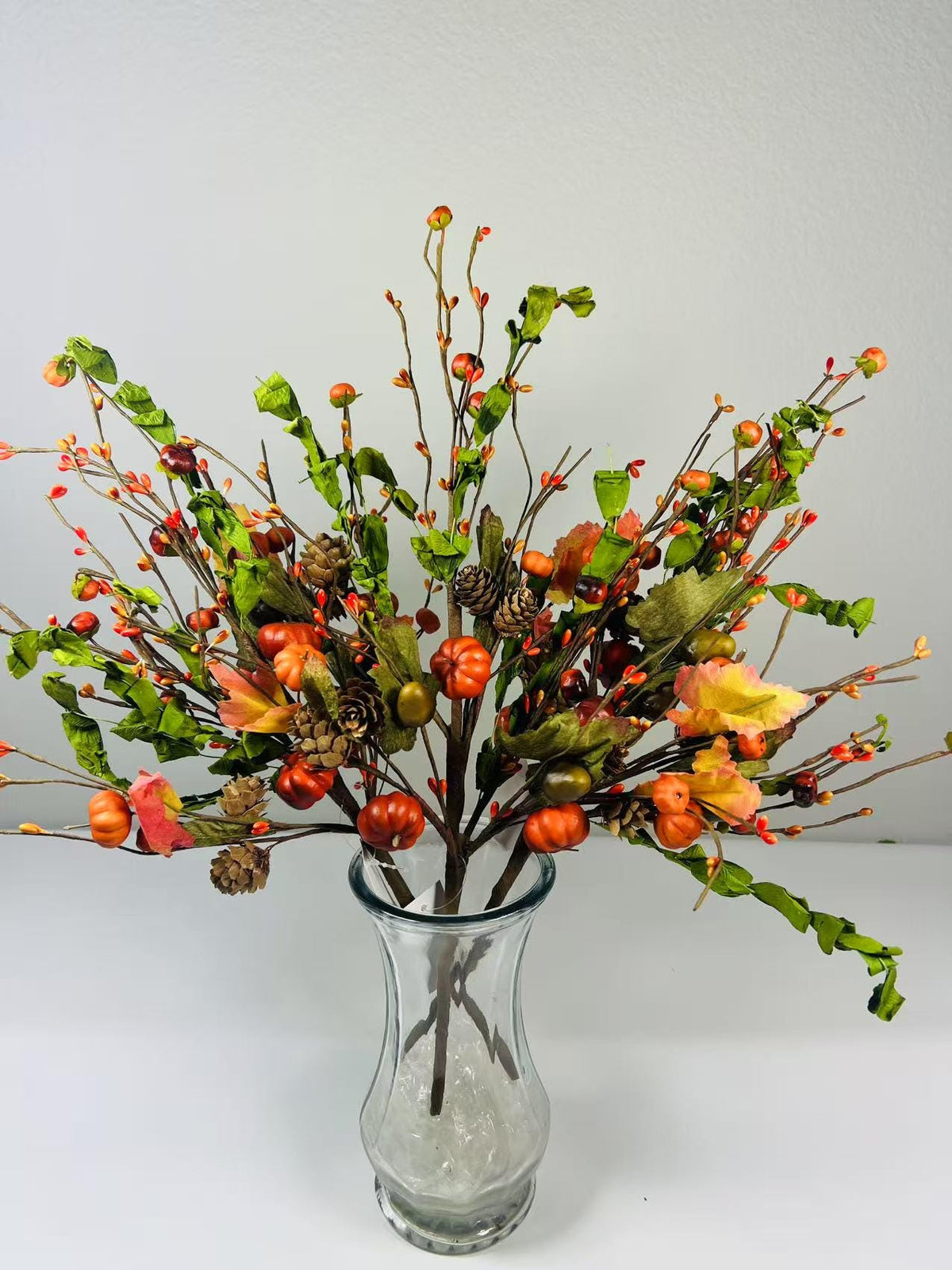 18” Fall Pumpkin Pick with Acorns Pinecones Berries – Autumn Harvest Floral Stem Decor