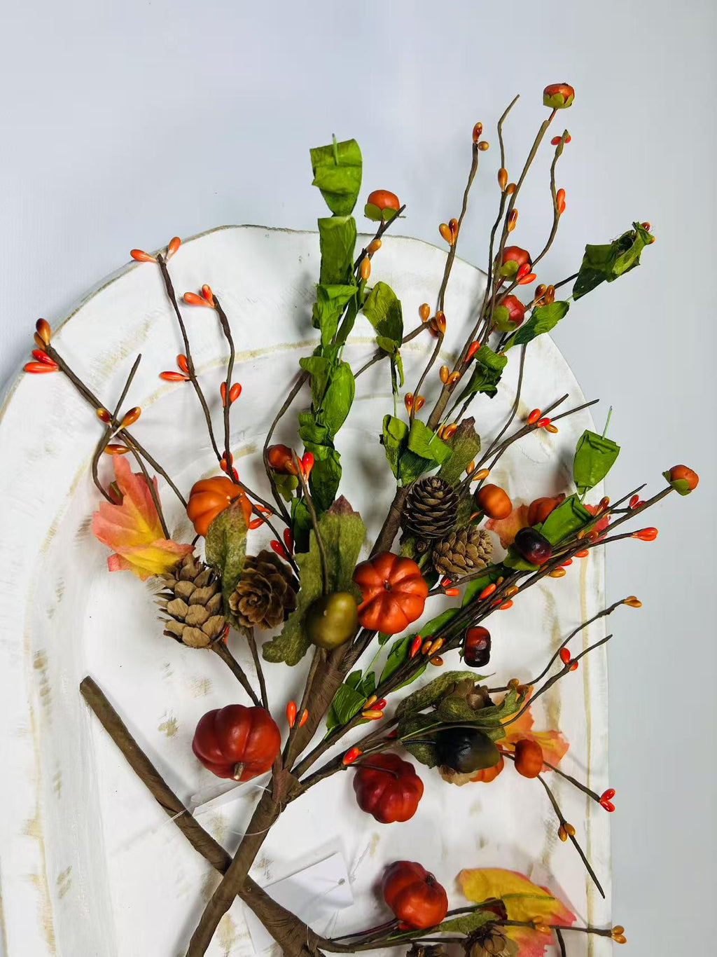 18” Fall Pumpkin Pick with Acorns Pinecones Berries – Autumn Harvest Floral Stem Decor