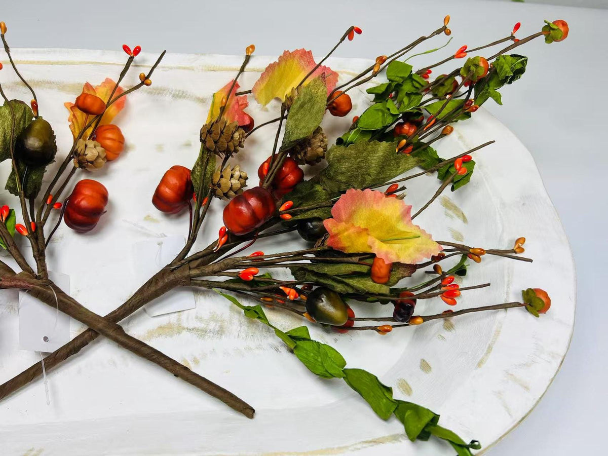18” Fall Pumpkin Pick with Acorns Pinecones Berries – Autumn Harvest Floral Stem Decor