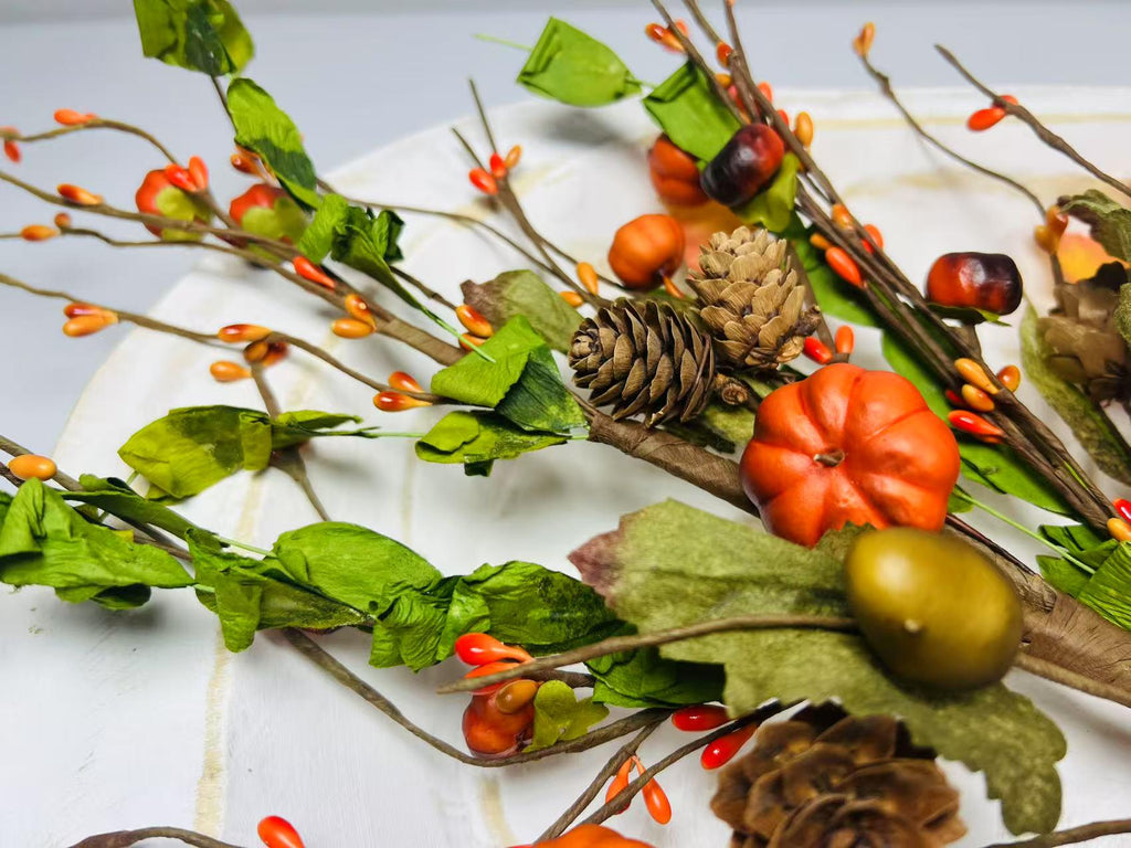 18” Fall Pumpkin Pick with Acorns Pinecones Berries – Autumn Harvest Floral Stem Decor