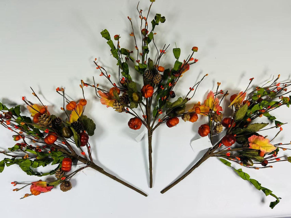 18” Fall Pumpkin Pick with Acorns Pinecones Berries – Autumn Harvest Floral Stem Decor