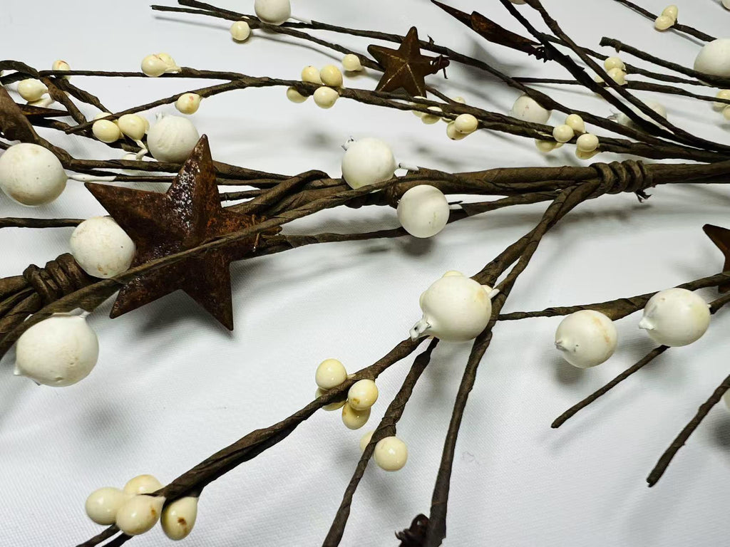 Rustic Pip Berry Garland: Primitive Farmhouse Decor with Metal Stars