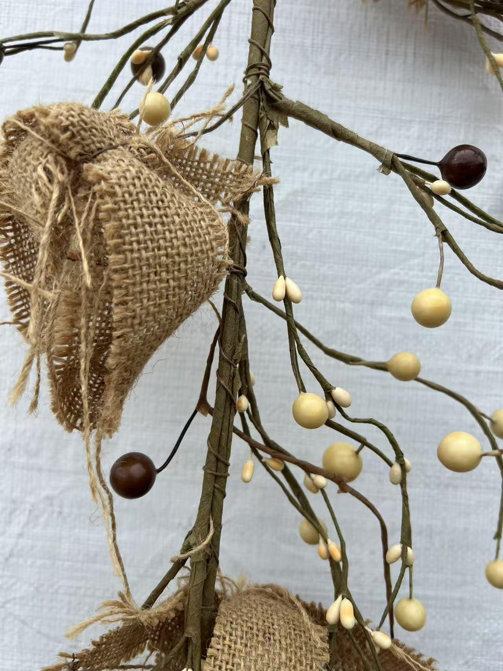 Rustic 5ft Pip Berry Garland with Burlap Roses, Farmhouse Country Decor, Primitive Mantel Accent