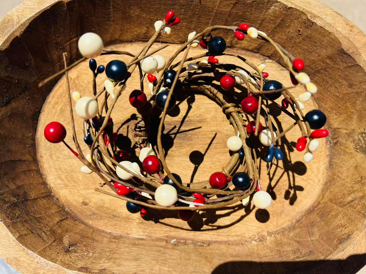 Rustic Patriotic Pip Berry Candle Ring: Red White Blue Mini Wreath (2.5")