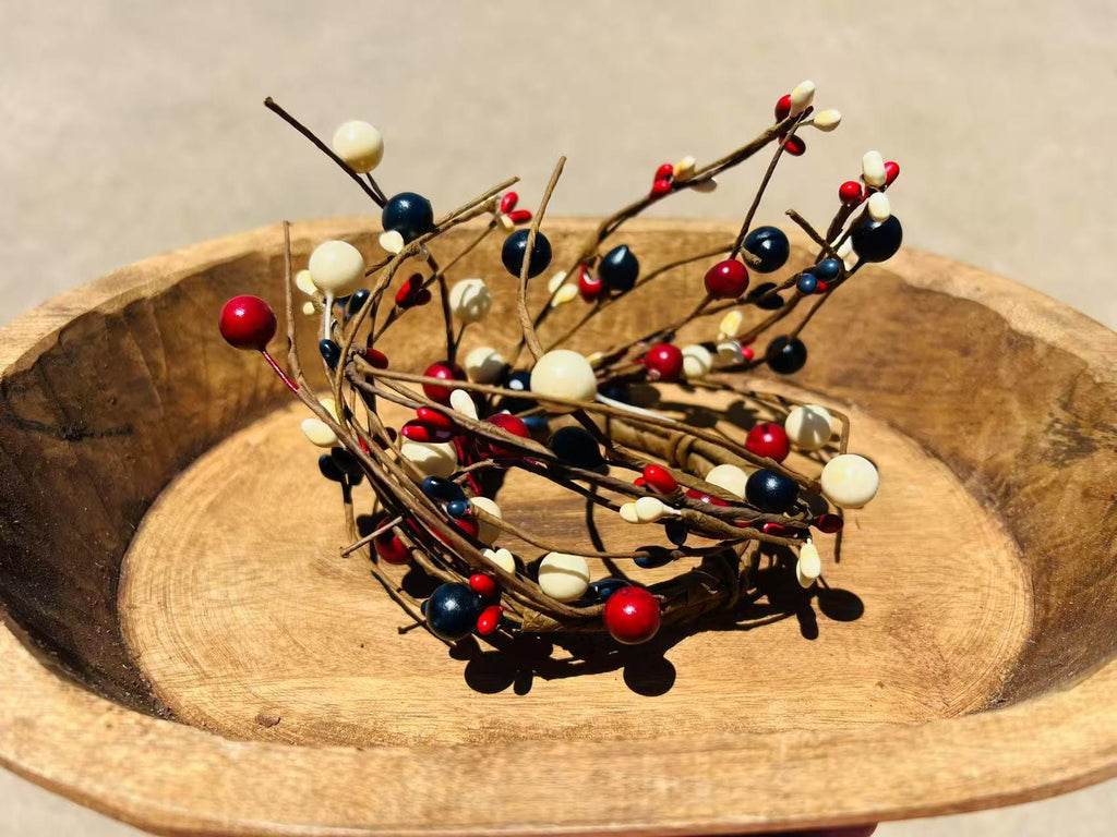 Rustic Patriotic Pip Berry Candle Ring: Red White Blue Mini Wreath (2.5")