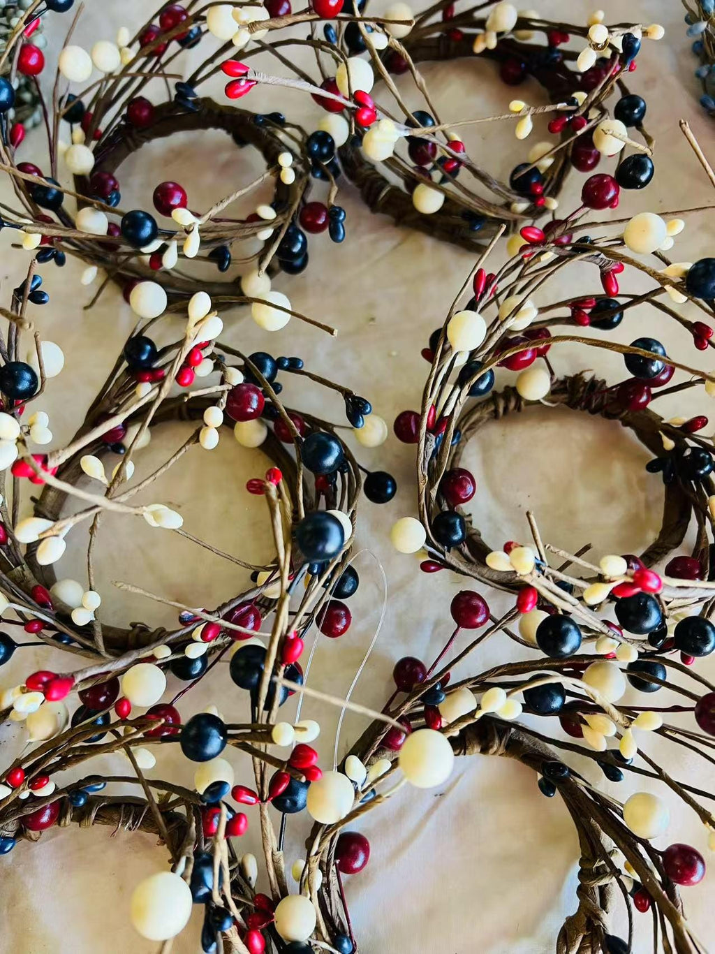 Rustic Patriotic Pip Berry Candle Ring: Red White Blue Mini Wreath (2.5")