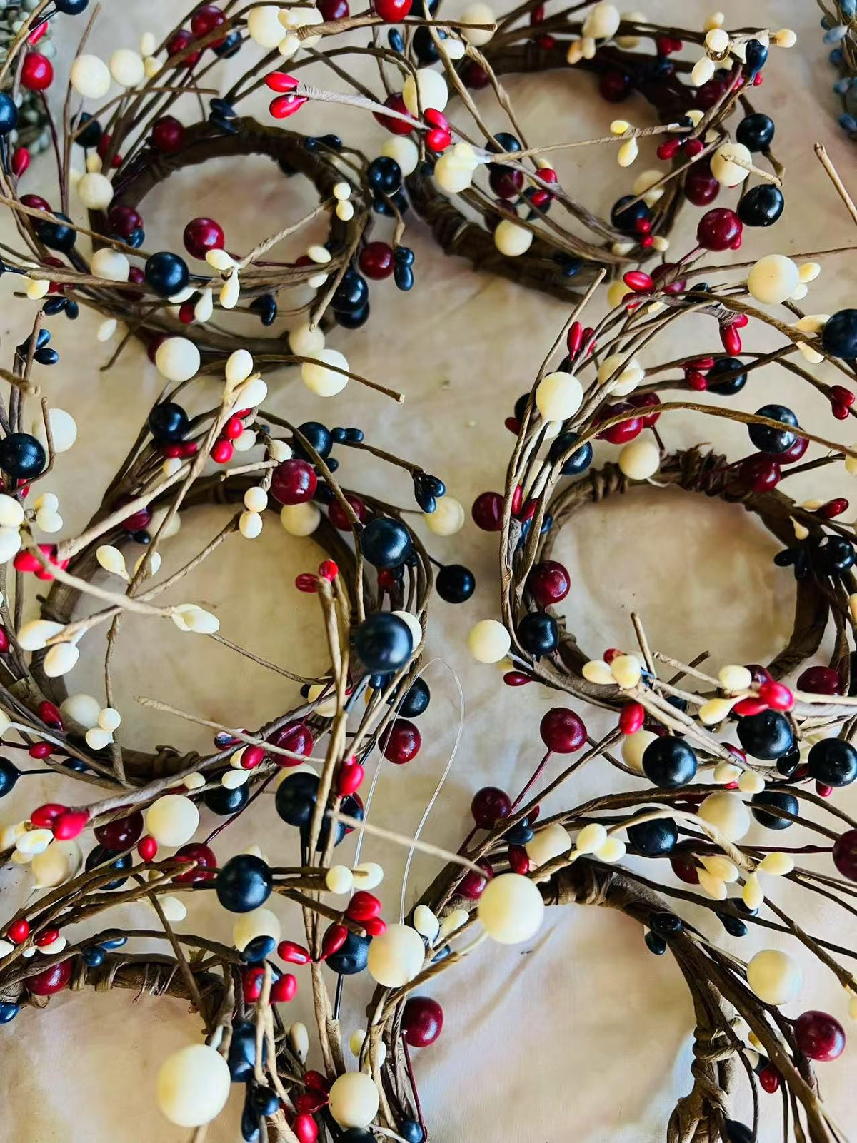 Rustic Patriotic Pip Berry Candle Ring: Red White Blue Mini Wreath (2.5")
