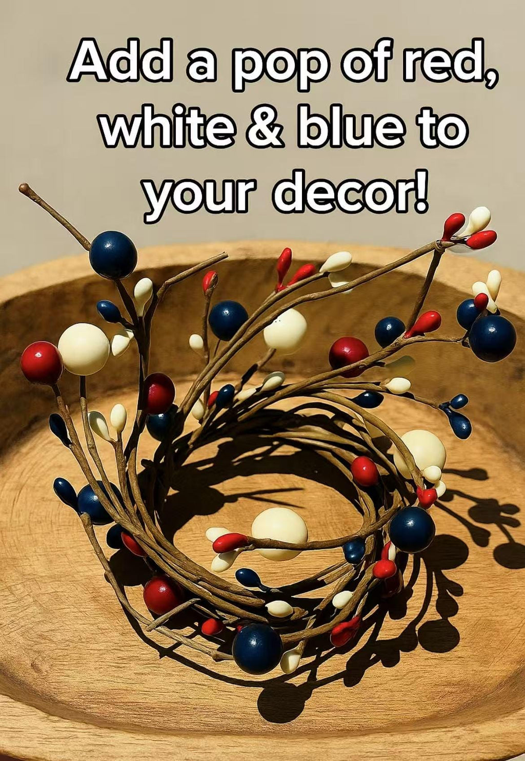 Rustic Patriotic Pip Berry Candle Ring: Red White Blue Mini Wreath (2.5")