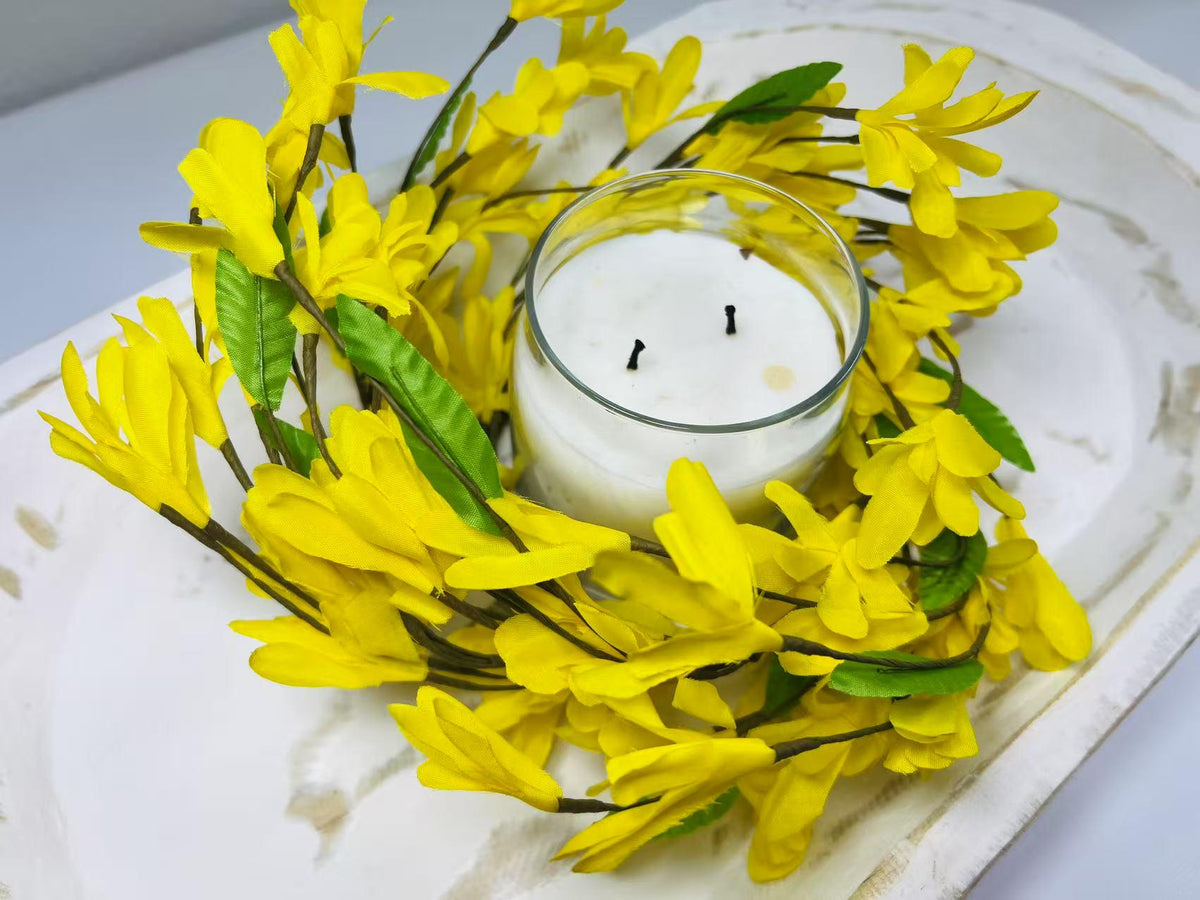 4.5” Yellow Silk Flower Candle Ring Mini Wreath Spring Farmhouse Decor Centerpiece Ring