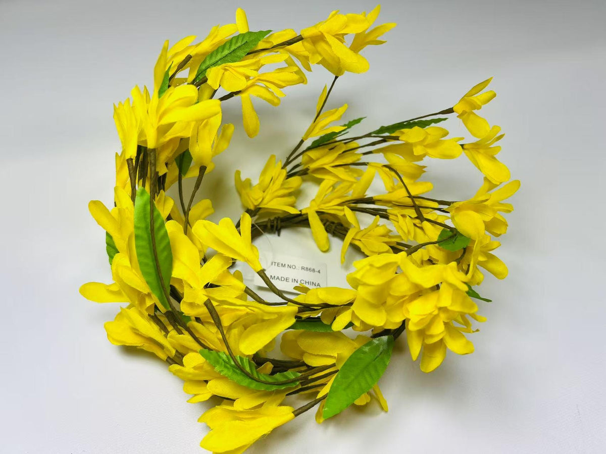 4.5” Yellow Silk Flower Candle Ring Mini Wreath Spring Farmhouse Decor Centerpiece Ring
