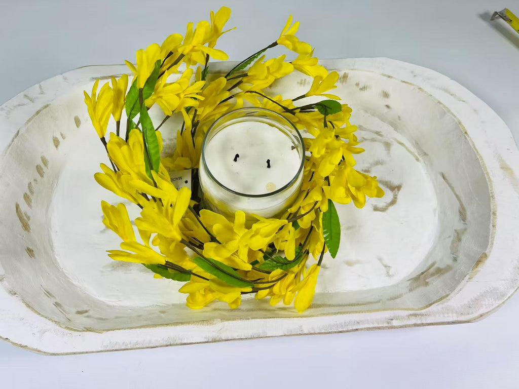 4.5” Yellow Silk Flower Candle Ring Mini Wreath Spring Farmhouse Decor Centerpiece Ring
