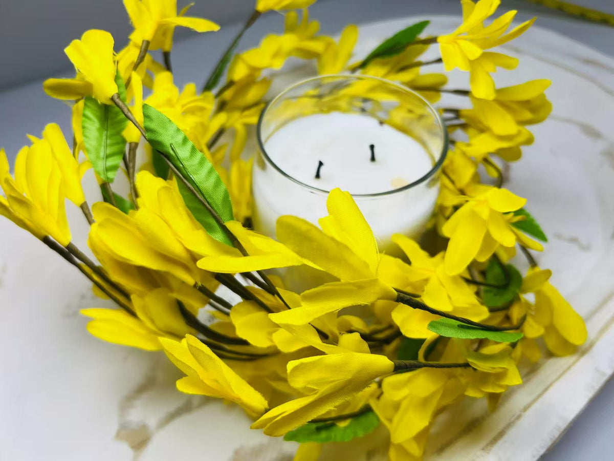 4.5” Yellow Silk Flower Candle Ring Mini Wreath Spring Farmhouse Decor Centerpiece Ring