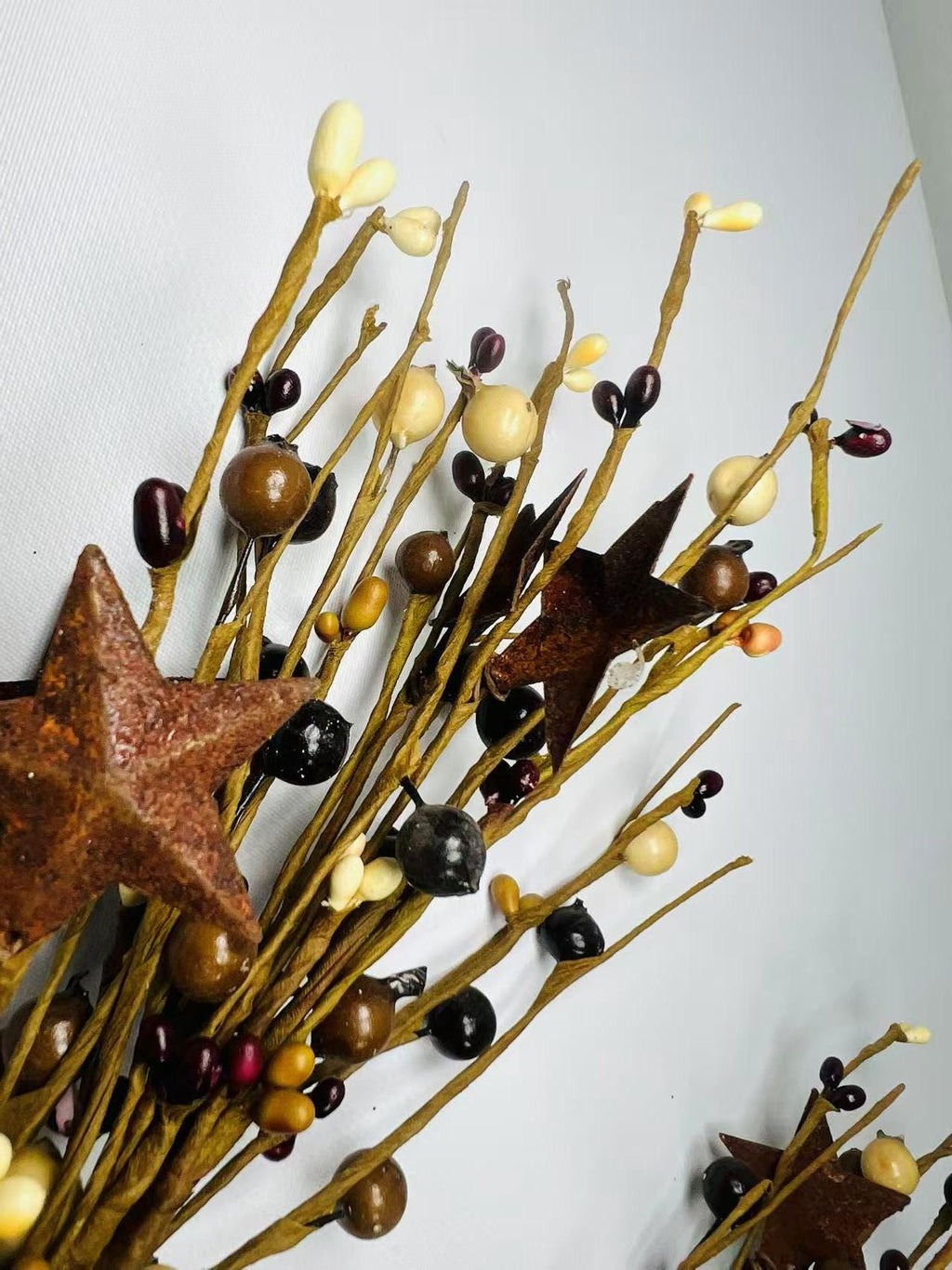 Rustic Pip Berry Pick with Stars – 18” Burgundy Mustard Cream Stem for Farmhouse Decor