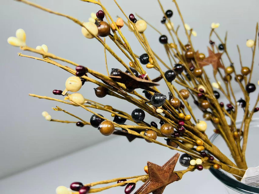 Rustic Pip Berry Pick with Stars – 18” Burgundy Mustard Cream Stem for Farmhouse Decor