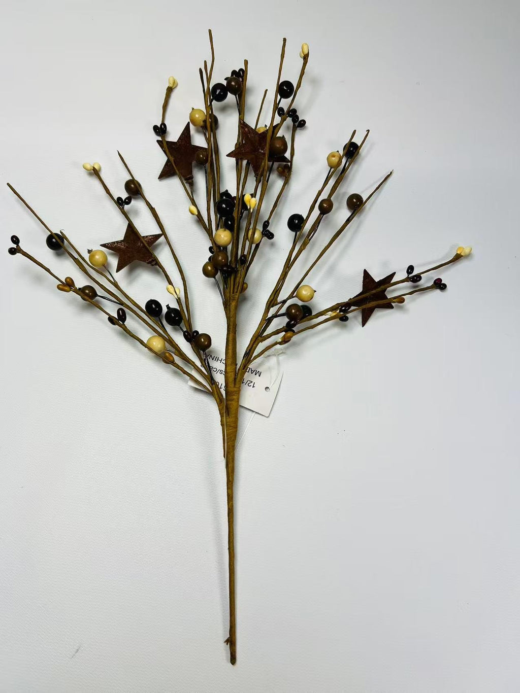 Rustic Pip Berry Pick with Stars – 18” Burgundy Mustard Cream Stem for Farmhouse Decor