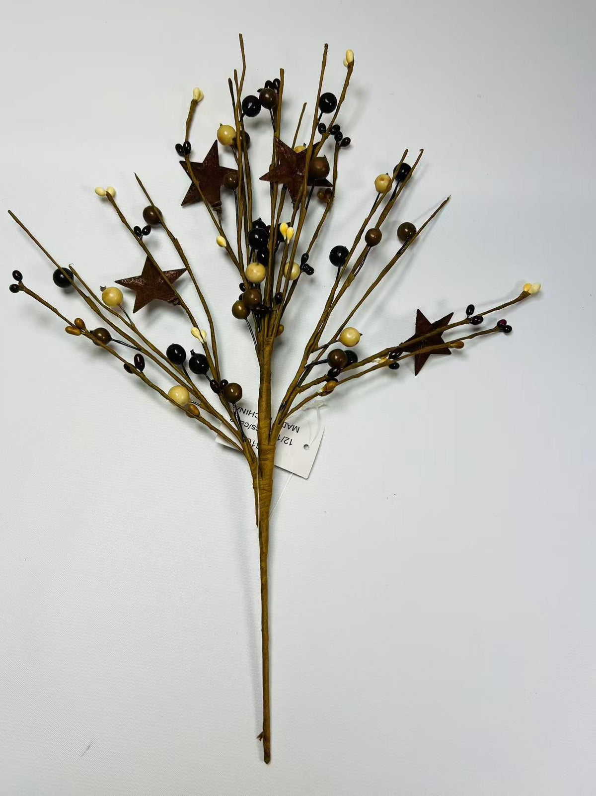 Rustic Pip Berry Pick with Stars – 18” Burgundy Mustard Cream Stem for Farmhouse Decor
