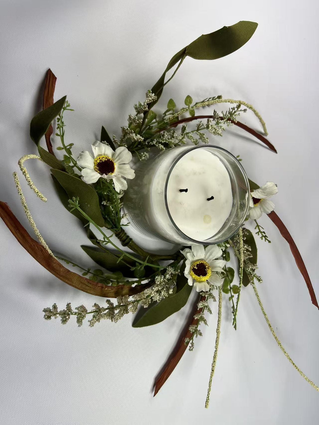4.5” Mini Artificial Floral Wreath – Small Rustic Greenery Candle Ring with White Flowers