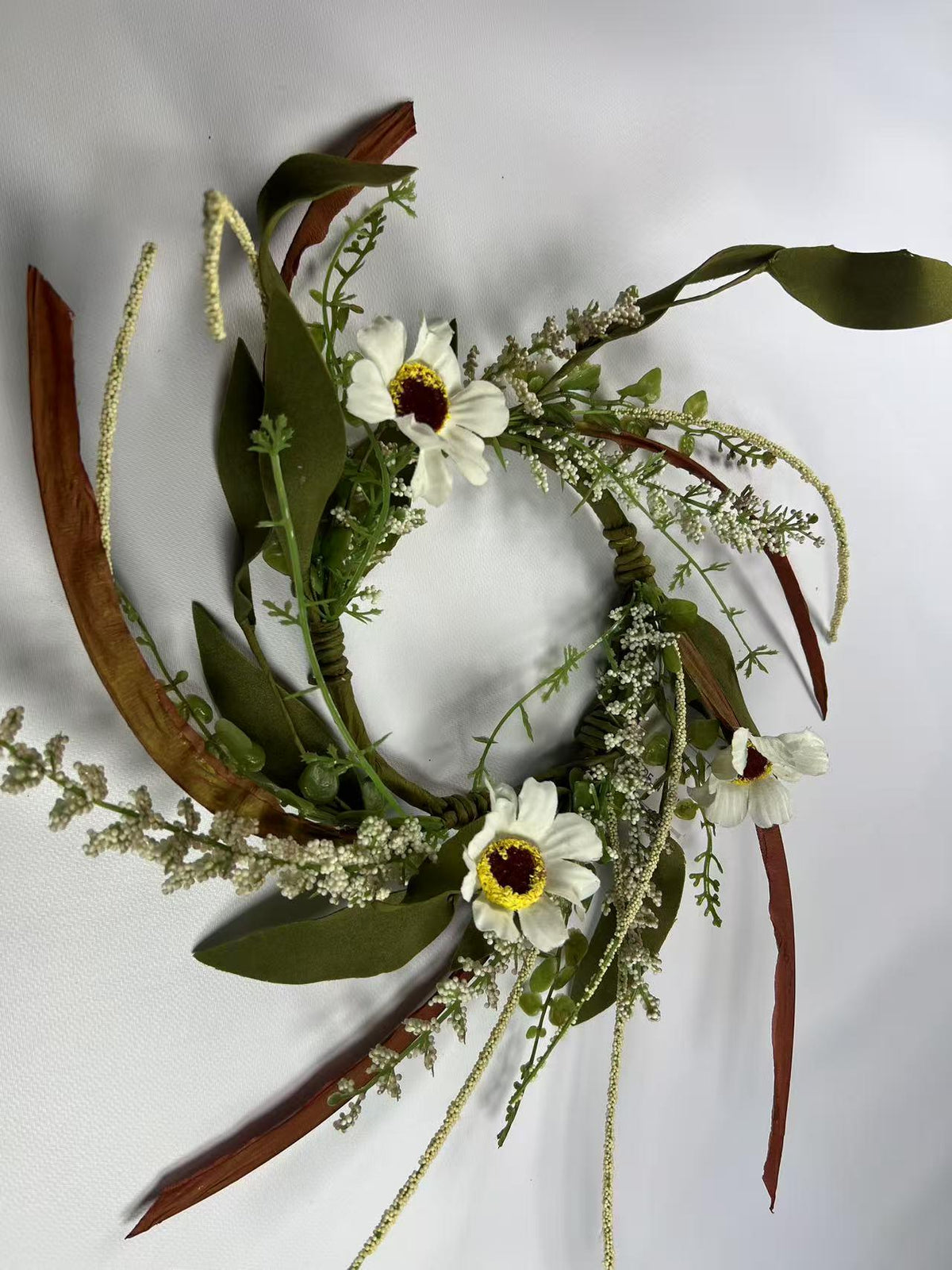 4.5” Mini Artificial Floral Wreath – Small Rustic Greenery Candle Ring with White Flowers