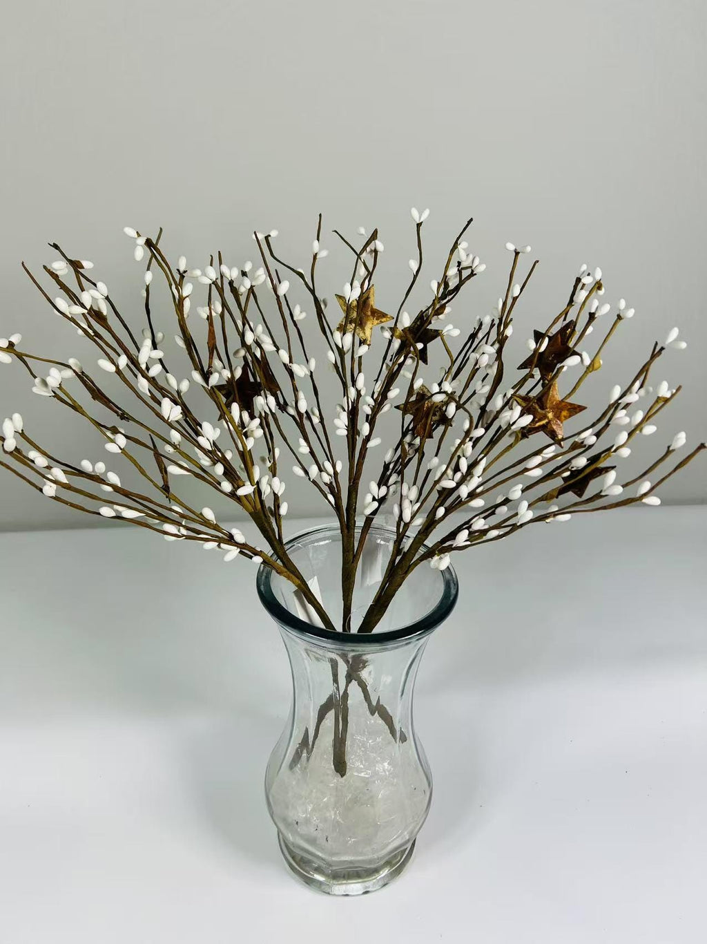 14” White Pip Berry Stem with Rusty Stars, Rustic Floral Pick, Farmhouse Primitive Decor