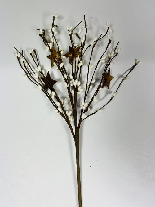 14” White Pip Berry Stem with Rusty Stars, Rustic Floral Pick, Farmhouse Primitive Decor