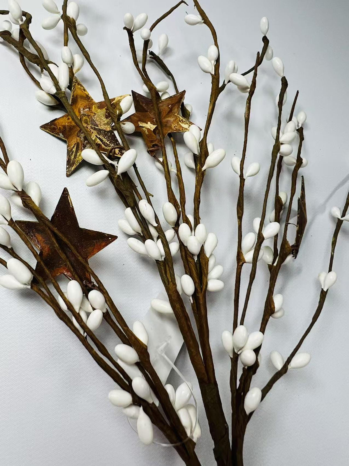 14” White Pip Berry Stem with Rusty Stars, Rustic Floral Pick, Farmhouse Primitive Decor