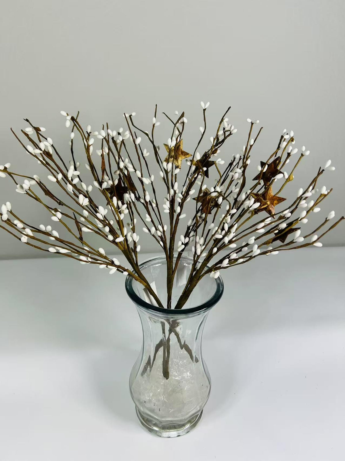 14” White Pip Berry Stem with Rusty Stars, Rustic Floral Pick, Farmhouse Primitive Decor