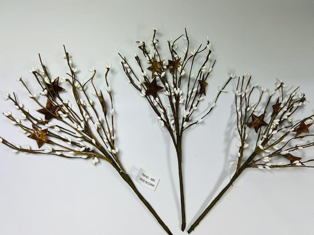 14” White Pip Berry Stem with Rusty Stars, Rustic Floral Pick, Farmhouse Primitive Decor