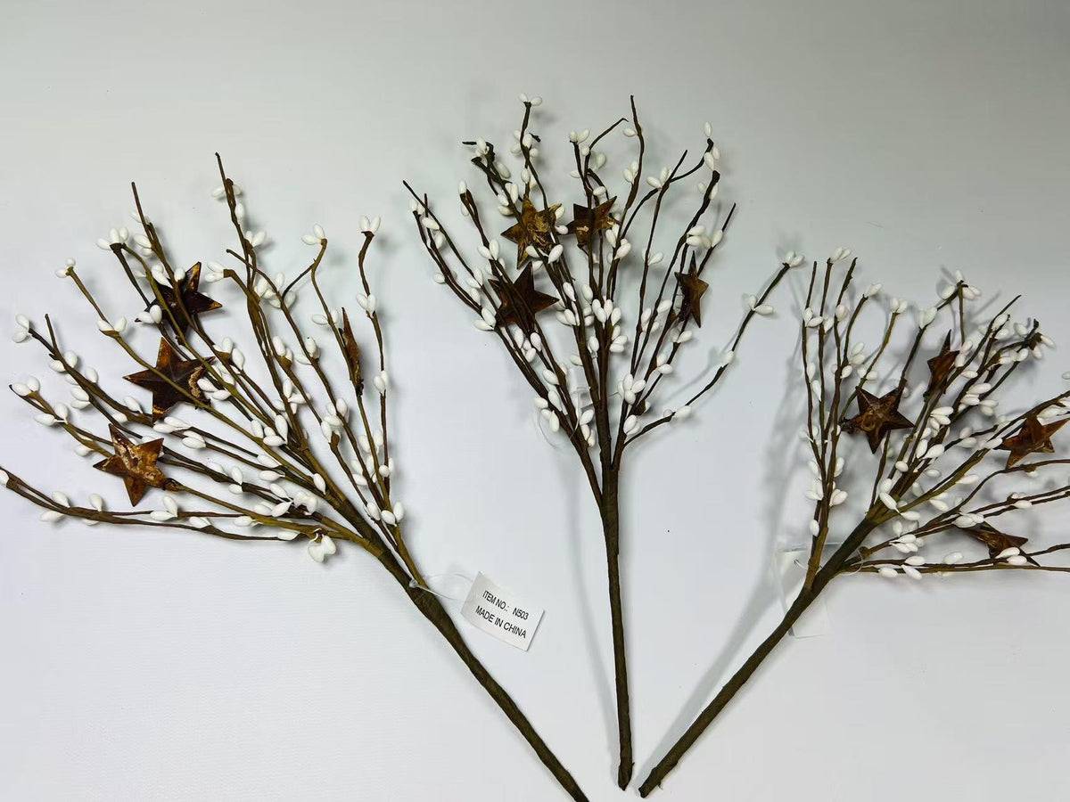 14” White Pip Berry Stem with Rusty Stars, Rustic Floral Pick, Farmhouse Primitive Decor