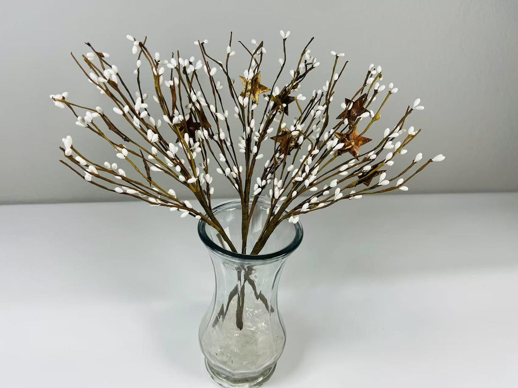 14” White Pip Berry Stem with Rusty Stars, Rustic Floral Pick, Farmhouse Primitive Decor