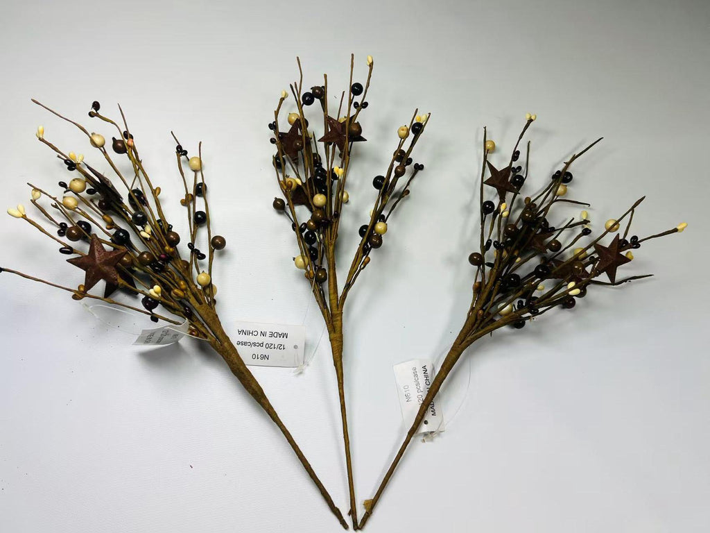 Rustic Pip Berry Pick with Stars – 18” Burgundy Mustard Cream Stem for Farmhouse Decor