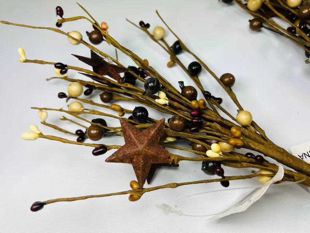 Rustic Pip Berry Pick with Stars – 18” Burgundy Mustard Cream Stem for Farmhouse Decor