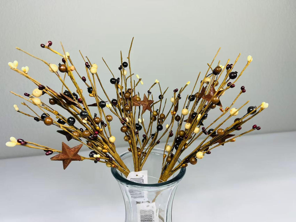 Rustic Pip Berry Pick with Stars – 18” Burgundy Mustard Cream Stem for Farmhouse Decor