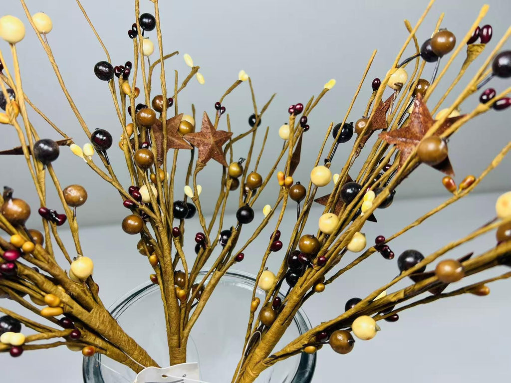 Rustic Pip Berry Pick with Stars – 18” Burgundy Mustard Cream Stem for Farmhouse Decor