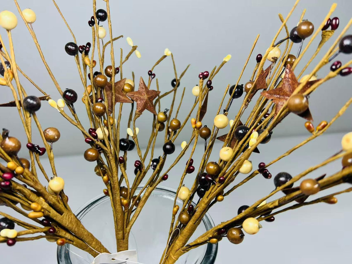 Rustic Pip Berry Pick with Stars – 18” Burgundy Mustard Cream Stem for Farmhouse Decor