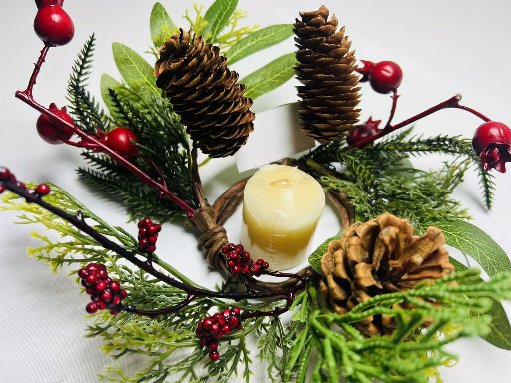 Rustic Pinecone Candle Ring with Berries and Greenery - Winter Christmas Table Centerpiece Decor