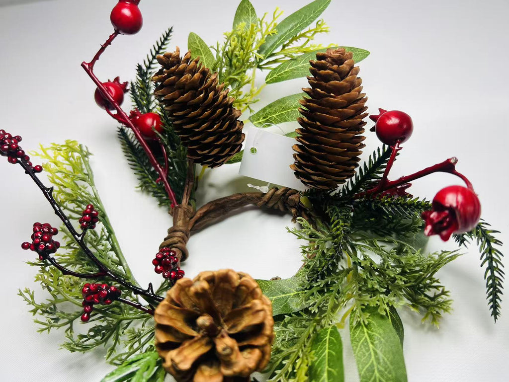 Rustic Pinecone Candle Ring with Berries and Greenery - Winter Christmas Table Centerpiece Decor